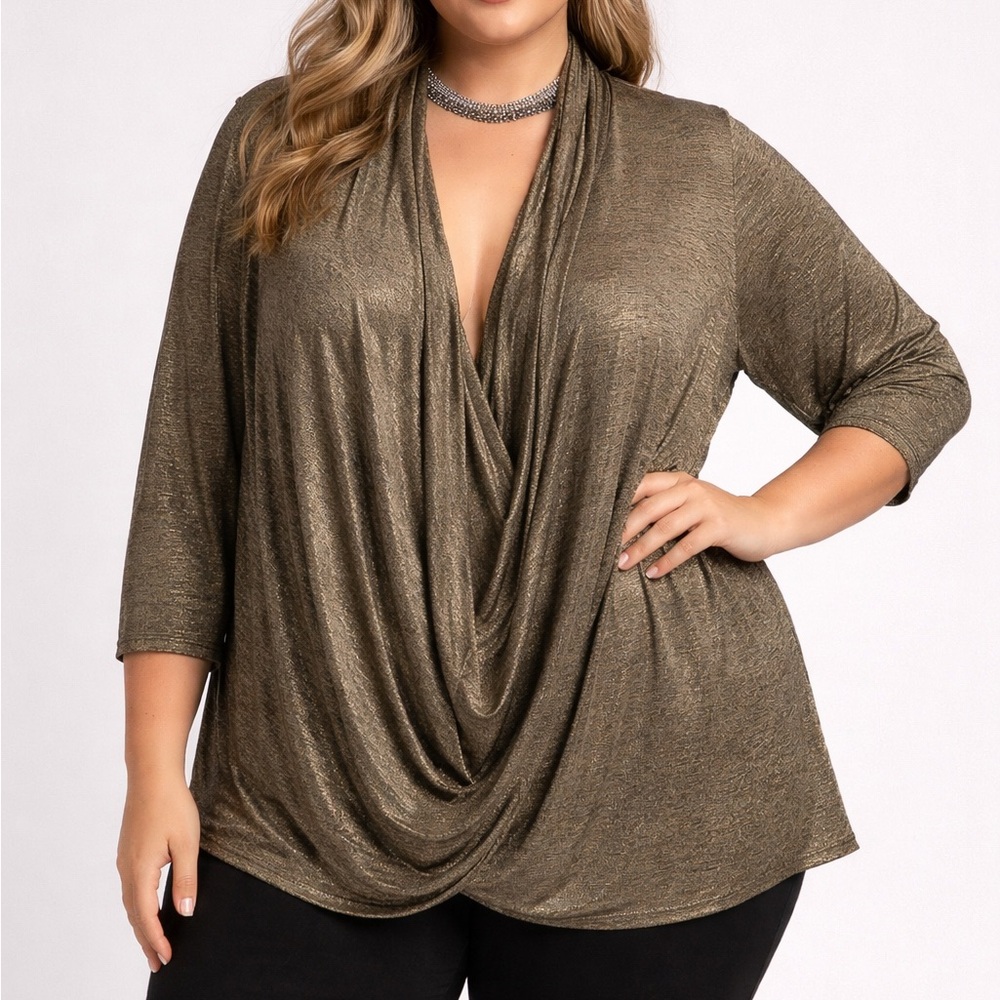 LAURA PLUS Gold Tone Crossover Wrap Blouse size 3X
